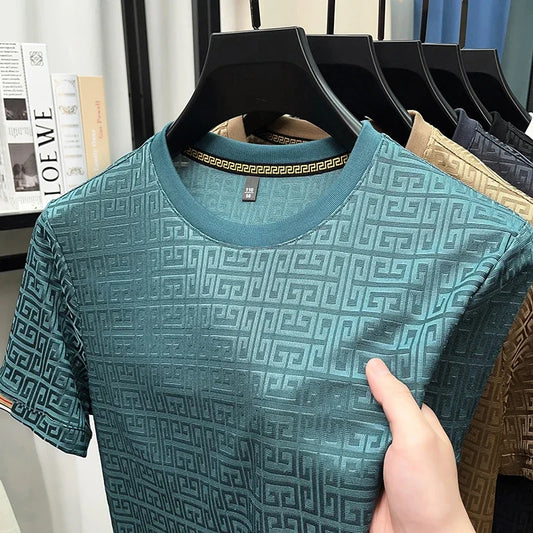 2025 New Men's Fashionable Jacquard Short Sleeved Round Neck T-shirt Casual and Comfortable All Season Versatile Top