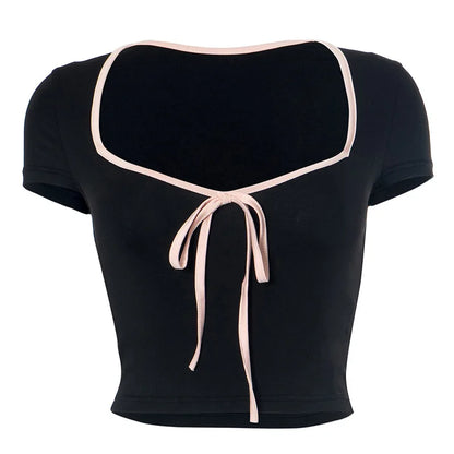 2000s Punk Goth Bow Crop Tops Y2k Clothes Vintage Women Streetwear T-Shirts Gothic Grunge Emo Girls Aesthetic Slim Baby Tees Top