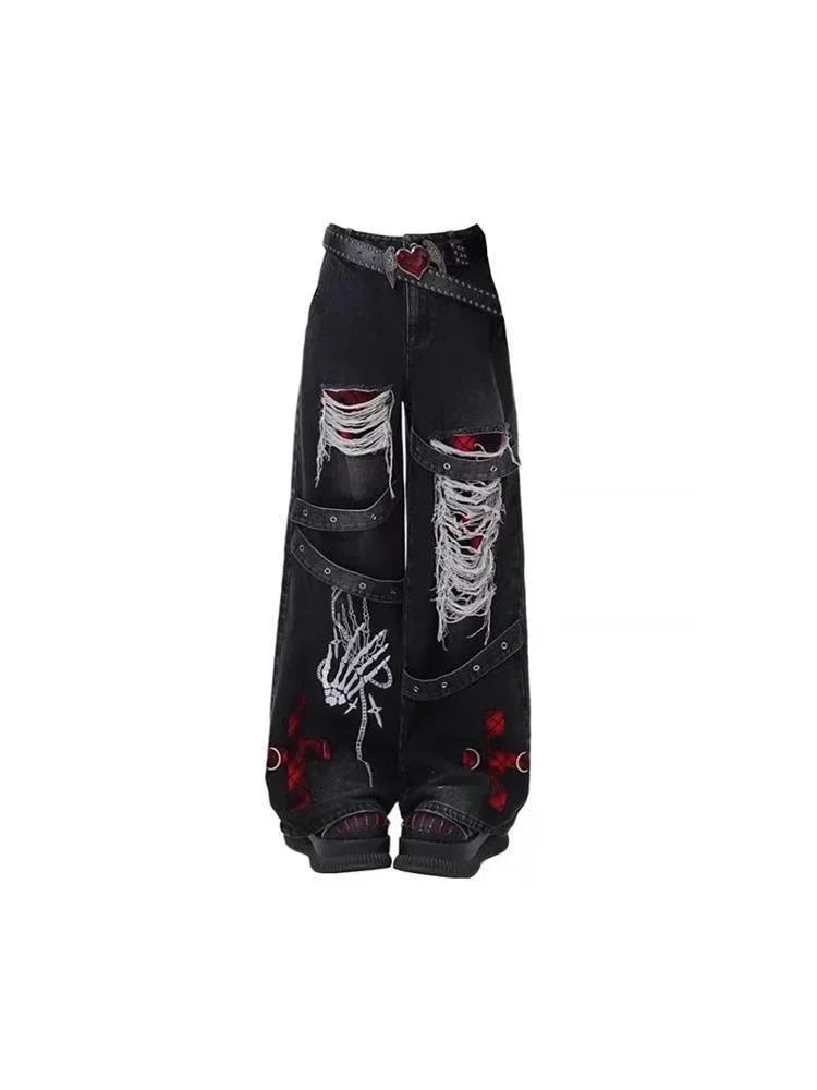 90s Skeleton Handprint Wide Leg Jeans High Street Niche Design Dark Tone Flared Hem Long Pants Streetwear Chic Drop Crotch
