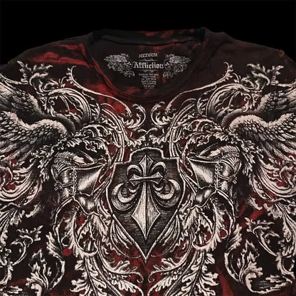 2025 Fall Affliction Red Long sleeved T shirt Round Neck Oversized shirt Casual Gothic Skull Holy Writ Letter Tops Streetwear