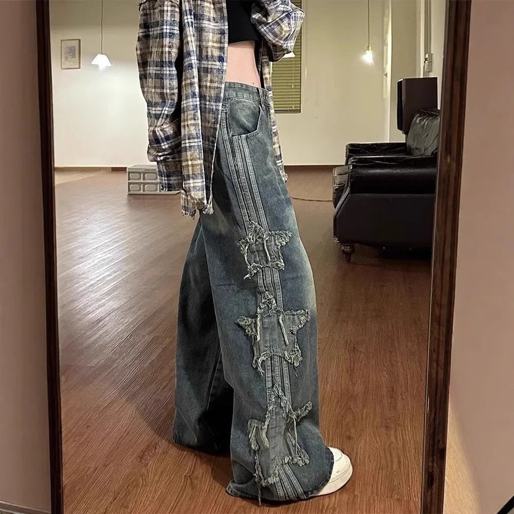 2024 New Vintage Jeans Women's Loose-Fit Wide-Leg Denim Pants Distressed Star-Printed Back Pocket Cotton Fabric Leggings