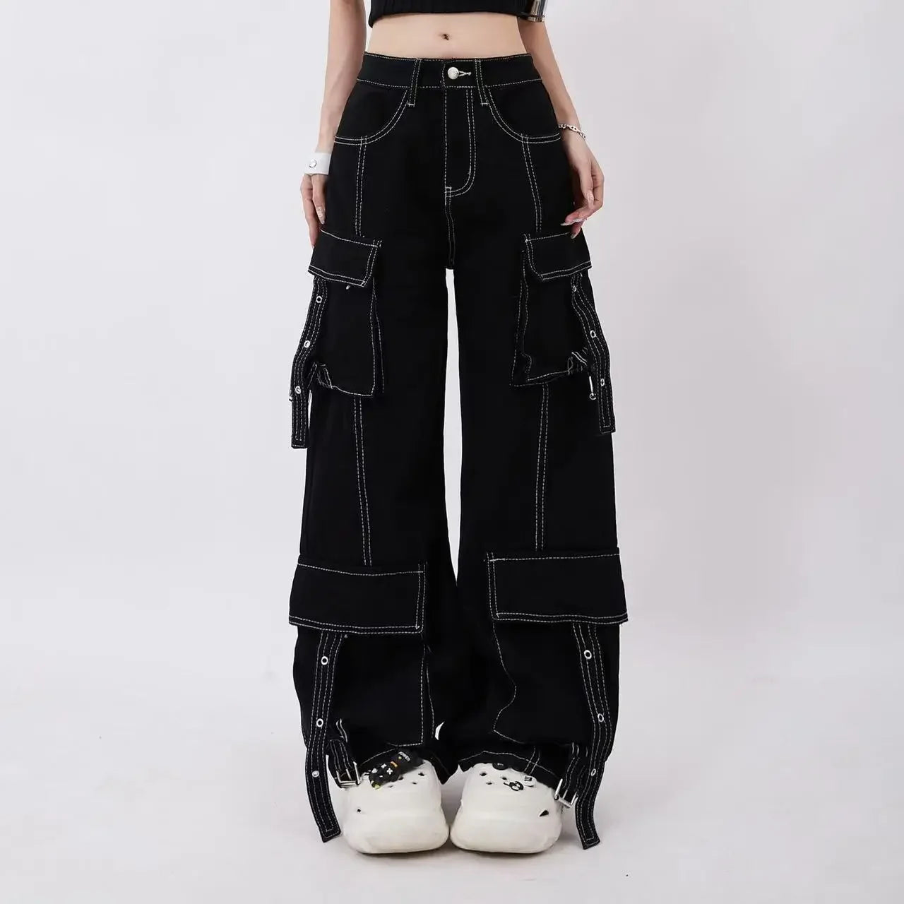 90s Skeleton Handprint Wide Leg Jeans High Street Niche Design Dark Tone Flared Hem Long Pants Streetwear Chic Drop Crotch