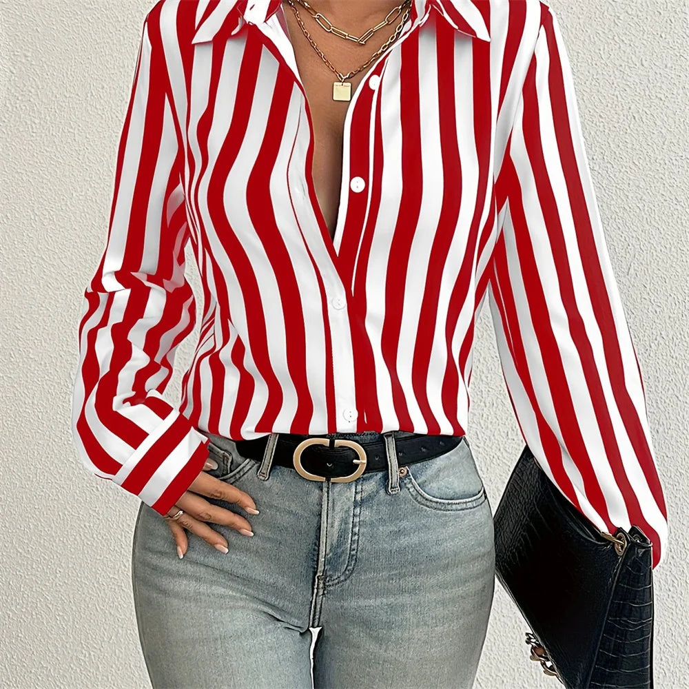 2024 Elegant Black Striped Printed Long-sleeved Shirt For Women Fashion Lapel Button-down Shirt Temperament Office Cardigan