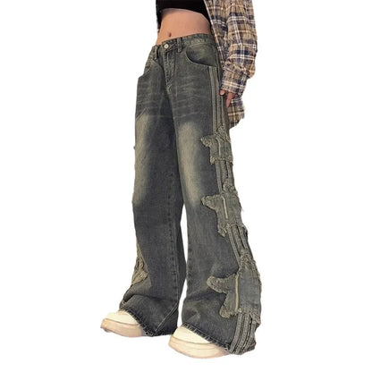 2024 New Vintage Jeans Women's Loose-Fit Wide-Leg Denim Pants Distressed Star-Printed Back Pocket Cotton Fabric Leggings