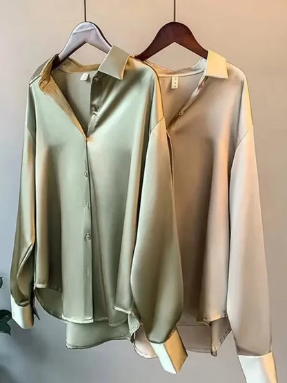 2025 Autumn Vintage Casual Button Silk Tops Elegant Satin Loose Women Shirt Spring Turn-down Collar Ladies Blouse