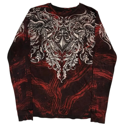 2025 Fall Affliction Red Long sleeved T shirt Round Neck Oversized shirt Casual Gothic Skull Holy Writ Letter Tops Streetwear