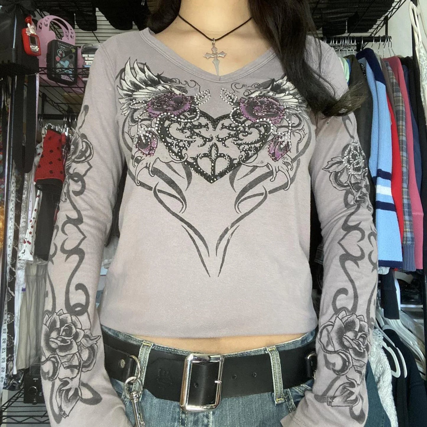 2000s Y2K Cyber Grunge Vintage T-shirt Graphic Print O Neck Long Sleeve Tee Women Slim Fit Crop Tops EGirl Skater Emo Streetwear