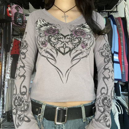 2000s Y2K Cyber Grunge Vintage T-shirt Graphic Print O Neck Long Sleeve Tee Women Slim Fit Crop Tops EGirl Skater Emo Streetwear
