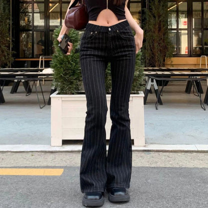 2000s Clothes Y2k Low Rise Boot Cut Jeans Woman Casual Black Striped Denim Trousers Streetwear Flare Pants P77-DD25