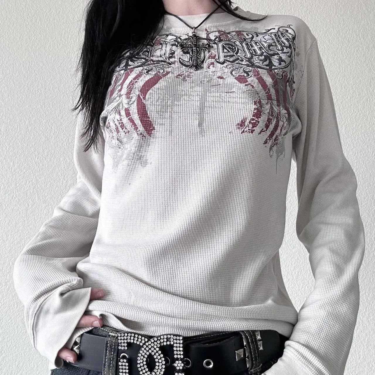 2000s Y2K Cyber Grunge Vintage T-shirt Graphic Print O Neck Long Sleeve Tee Women Slim Fit Crop Tops EGirl Skater Emo Streetwear
