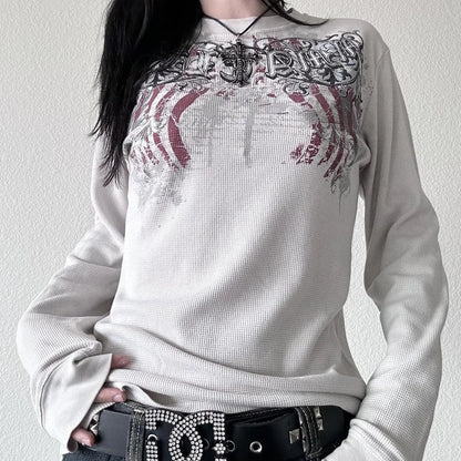 2000s Y2K Cyber Grunge Vintage T-shirt Graphic Print O Neck Long Sleeve Tee Women Slim Fit Crop Tops EGirl Skater Emo Streetwear