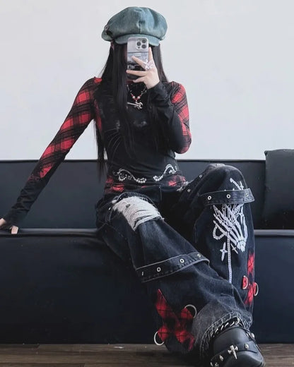 90s Skeleton Handprint Wide Leg Jeans High Street Niche Design Dark Tone Flared Hem Long Pants Streetwear Chic Drop Crotch
