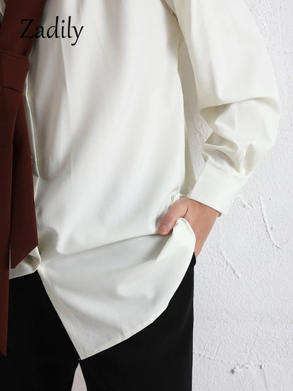 Zadily 2024 Summer Minimalist Long Sleeve Button Up Shirt Women Korean Style Solid Tie Oversize Shirts Blouse Loose Clothes Tops