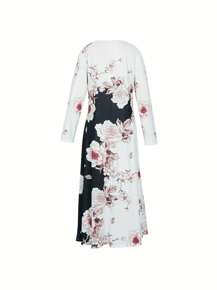 2024 Spring and Summer New Women's l Printed Pattern V-neck Dress Temperament Elegant Long Sleeve Round Neck Dresses