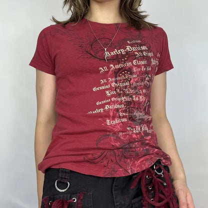 2000s Retro Y2K Cybery Grunge Emo Baby Tees Rhinestone Graphic Print T-shirt Japanese Harajuku Mall Goth Short Sleeve Crop Tops