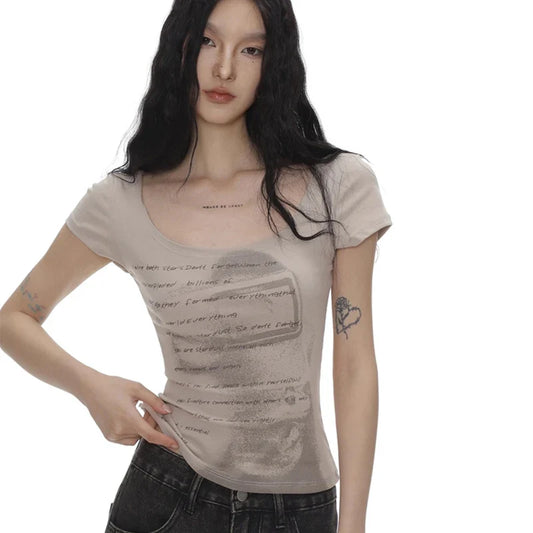 2025 Summer Women Retro Sweet Spicy Skinny Tops Lady Bean Green Casual T-Shirts Girls Letter Portrait Print Short Sleeve Clothes