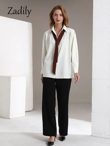Zadily 2024 Summer Minimalist Long Sleeve Button Up Shirt Women Korean Style Solid Tie Oversize Shirts Blouse Loose Clothes Tops