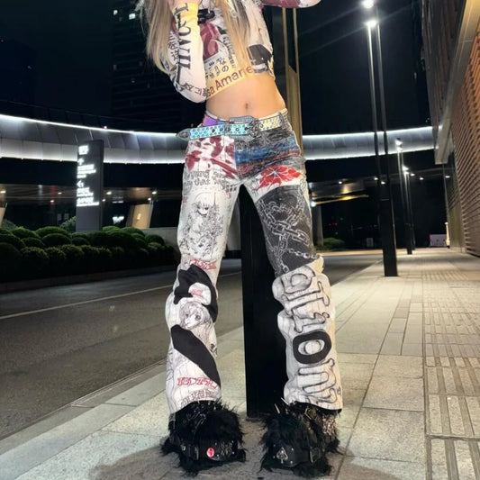 Y2K High Street Retro Graffiti Printed Baggy Jeans Women Streetwear Hip Hop Loose Japanese Millennium Casual Straight Jeans