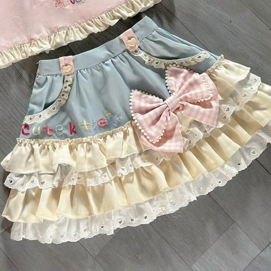 Y2K JK Lolita Japan Kawaii Girl Cute Sweet Lace T-shirt Lolita Print Tops Bow Cake Blouse  A-line Spliced Cake Skirt New Chic