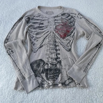 2000s Y2k Women Tops Harajuku Retro Gothic Skeleton Graphic Printed T shirt Hip Hop Tee shirt Aesthetic Long Sleeved Streetwear