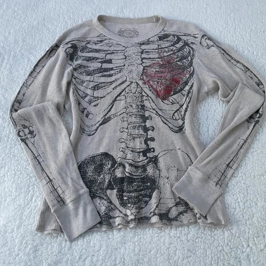 2000s Y2k Women Tops Harajuku Retro Gothic Skeleton Graphic Printed T shirt Hip Hop Tee shirt Aesthetic Long Sleeved Streetwear