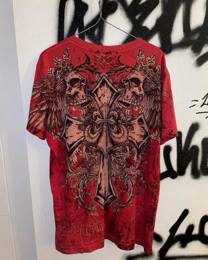 2025 Fall Affliction Red Long sleeved T shirt Round Neck Oversized shirt Casual Gothic Skull Holy Writ Letter Tops Streetwear