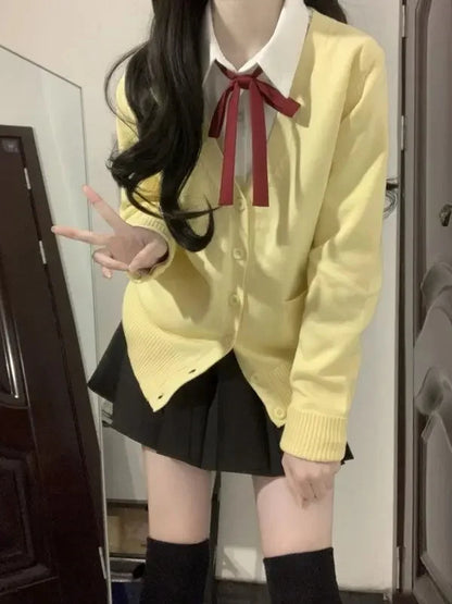 Yellow Knitted Cardigan Sweater Cute Japanese Preppy Style Long Sleeve Top Suit For Women Fashionable and Elegant Design