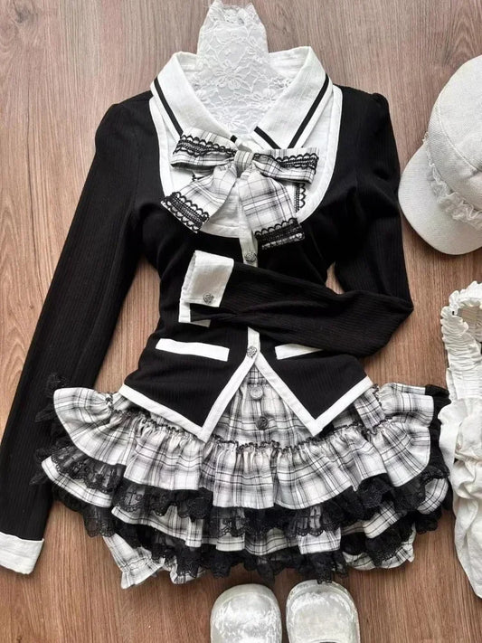 Y2K Korean Vintage Preppy Style Two Piece Sets Women Sweet Bow Knit Tops Ruffles Plaid A Line Mini Skirt Fashion Lolita Outfits