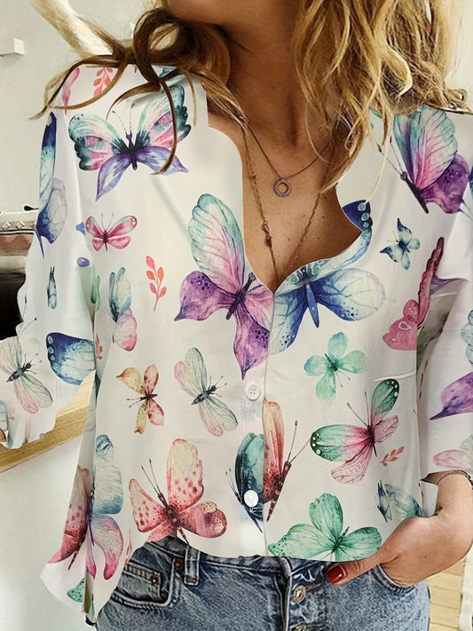 2023 Fall New Butterfly Print Long Sleeve Shirt Colorful Tops Women's Single Breasted Lapel Slim Top Femme Blusas Casual Outfit
