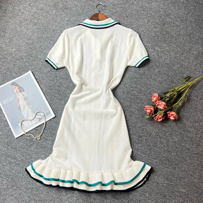 YuooMuoo Women Dress 2025 Summer Vintage Turn-down Collar Knitted Mini Dress Lady Slim Elastic Ruffled Bodycon Party Dress Robes