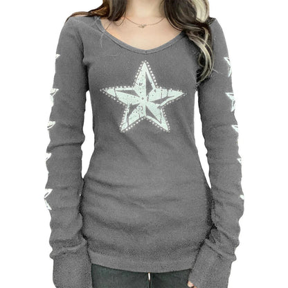 2000s Y2K Cyber Grunge Vintage T-shirt Graphic Print O Neck Long Sleeve Tee Women Slim Fit Crop Tops EGirl Skater Emo Streetwear