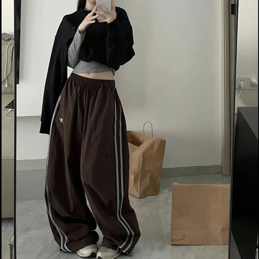 American Autumn Women Cargo Embroidery Pants Vintage Streetwear Wide Leg Sweatpants Casual Drawstring Oversize Fashion Trousers