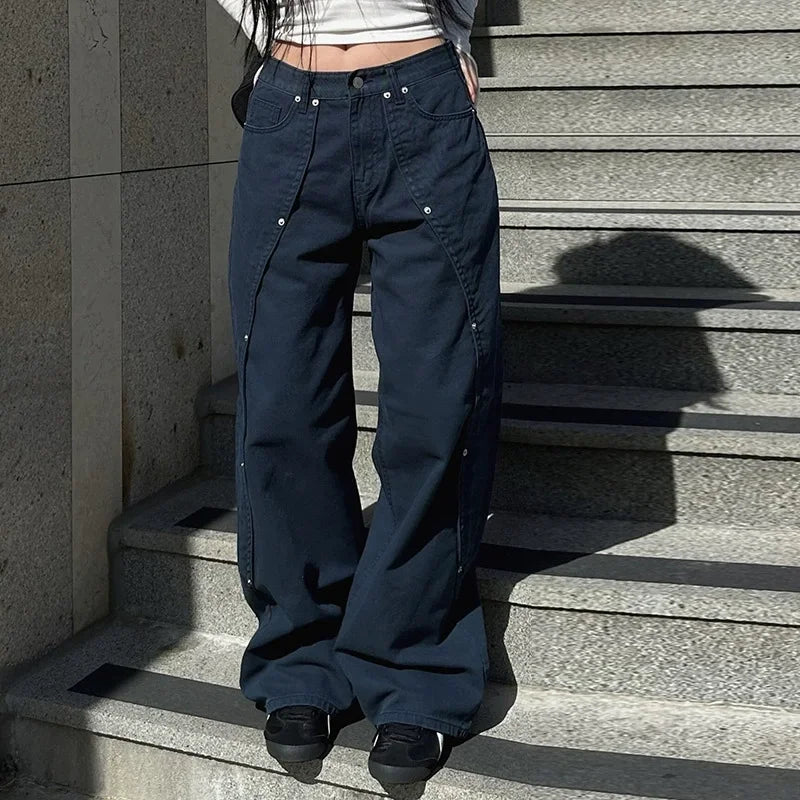 2000s Clothes Y2k Low Rise Boot Cut Jeans Woman Casual Black Striped Denim Trousers Streetwear Flare Pants P77-DD25