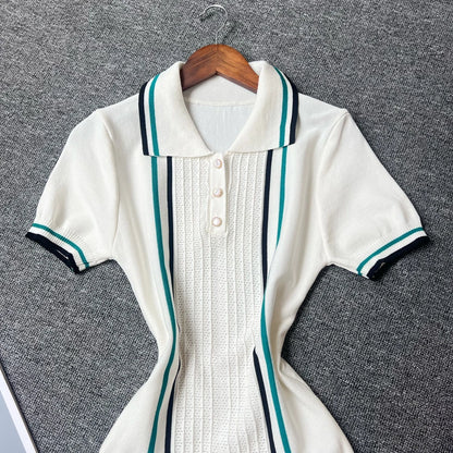 YuooMuoo Women Dress 2025 Summer Vintage Turn-down Collar Knitted Mini Dress Lady Slim Elastic Ruffled Bodycon Party Dress Robes