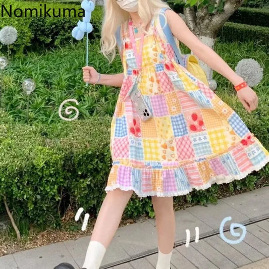 2025 Vestidos De Mujer Cute Woman Dress Bandage Patchwork Lace Contrast Color Plaid Robe Femme Loose Summer Dresses