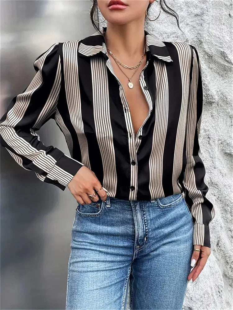 2024 Elegant Black Striped Printed Long-sleeved Shirt For Women Fashion Lapel Button-down Shirt Temperament Office Cardigan