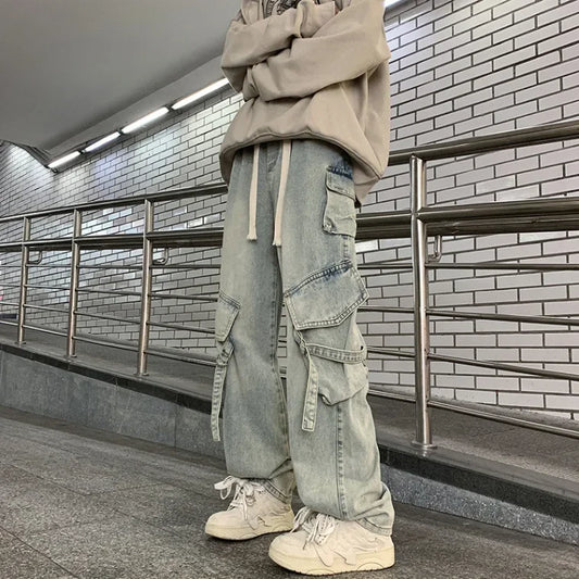 American Style Streetwear Men's Jeans Multi-Pocket Loose Straight-Leg Wide-Leg Spring Autumn New Arrival Long Pants