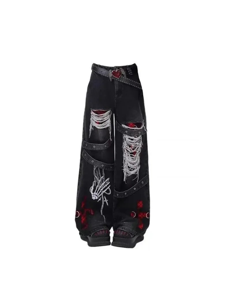 90s Skeleton Handprint Wide Leg Jeans High Street Niche Design Dark Tone Flared Hem Long Pants Streetwear Chic Drop Crotch