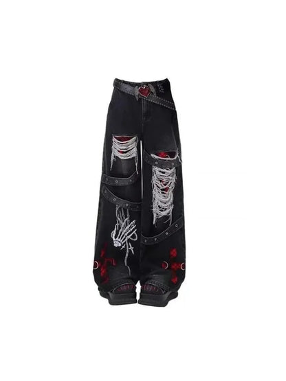 90s Skeleton Handprint Wide Leg Jeans High Street Niche Design Dark Tone Flared Hem Long Pants Streetwear Chic Drop Crotch
