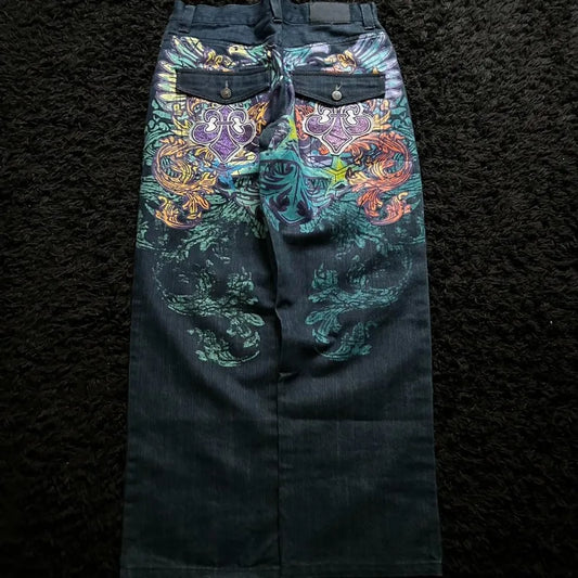 2025 New American Trend Vintage Hip-hop Embroidery Pattern Baggy Jeans Men And Women Y2K Harajuku Gothic Wide Pants Streetwear