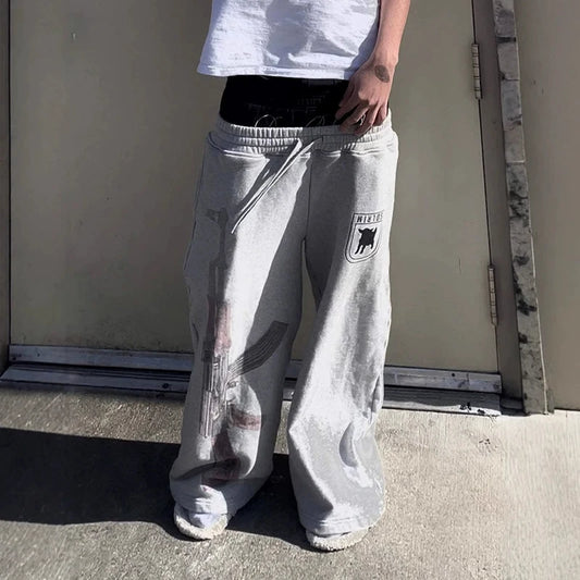 Y2k Street Trend Contrast Drawstring Daily Sweatpants Men Women  The Same Fake Two Trendy High Street Leisure Loose Sweatpants