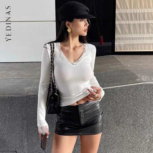 Yedinas Patchwork Lace Women's T-shirt Long Sleeve Autumn Winter Tops Korean Fashion Sexy Slim Tees Female Clothing Chic Tshirt
