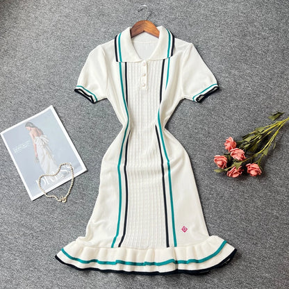 YuooMuoo Women Dress 2025 Summer Vintage Turn-down Collar Knitted Mini Dress Lady Slim Elastic Ruffled Bodycon Party Dress Robes