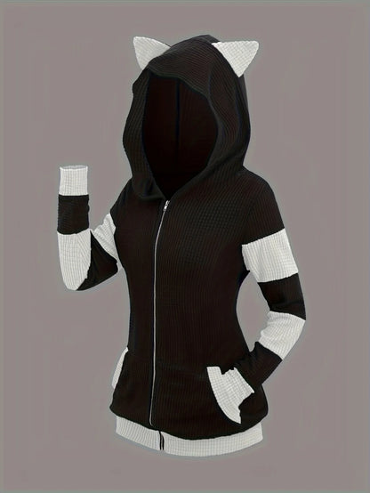 2024 European and American fashion women's new thick cat ears in autumn and winter long color matching hooded sweater coat
