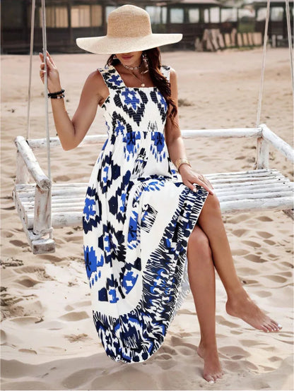 2024 Women's New Vacation Style Fashion Printed One Piece Neck Front Cross Sexy Sleeveless Strap Long Ankle Dress