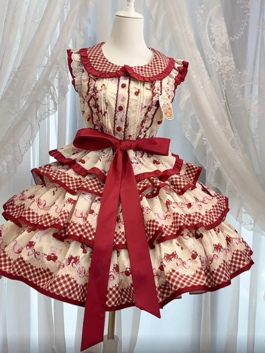 2025 New Japanese Cherry Sweetheart Lolita Dress Women Flying Sleeve Peter Pan Collar Mini Dress Kawaii Cute Princess Clothing