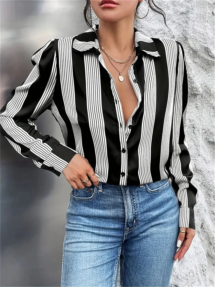 2024 Elegant Black Striped Printed Long-sleeved Shirt For Women Fashion Lapel Button-down Shirt Temperament Office Cardigan