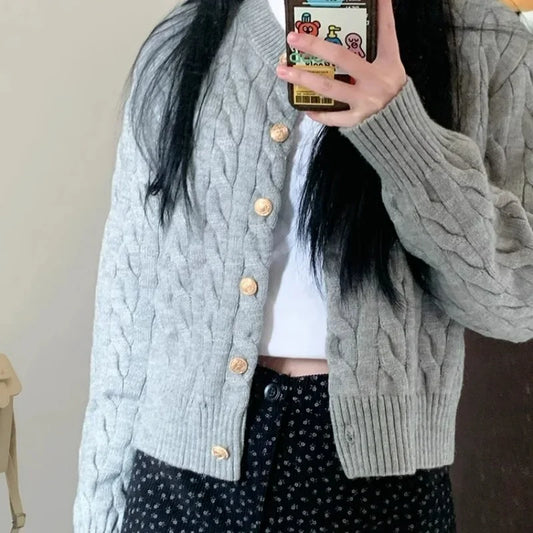 2025 O-neck Elegant Knitted Top Vintage Long Sleeve Cardigan Women Sweater Fashion Autumn Grey Knitwear