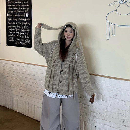 Y2K Hooded Knitted Cardigan Women Harajuku Cute Core Sweater Outerwears Streetwear Long Sleeve Knitwears Winter Korean Jumpers