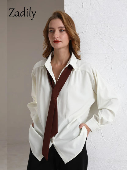 Zadily 2024 Summer Minimalist Long Sleeve Button Up Shirt Women Korean Style Solid Tie Oversize Shirts Blouse Loose Clothes Tops
